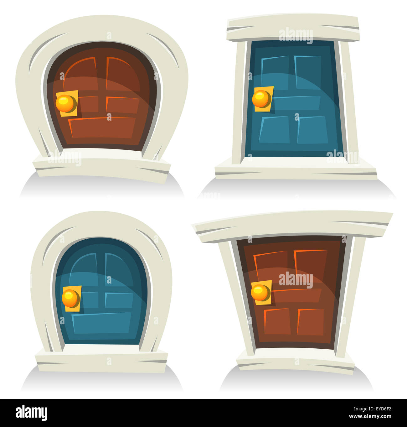 Illustration of a set of cartoon comic funny little rounded doors, red, blue and closed Stock Photo