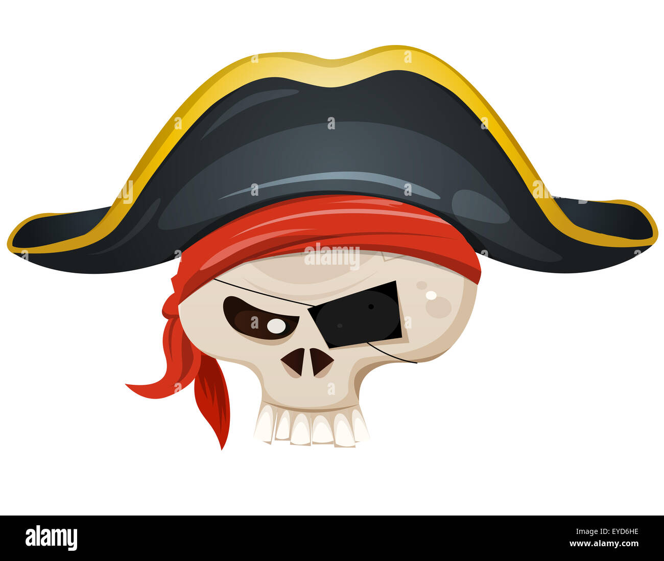 Illustration of a cartoon pirate skull head character, with bandana and corsair hat Stock Photo