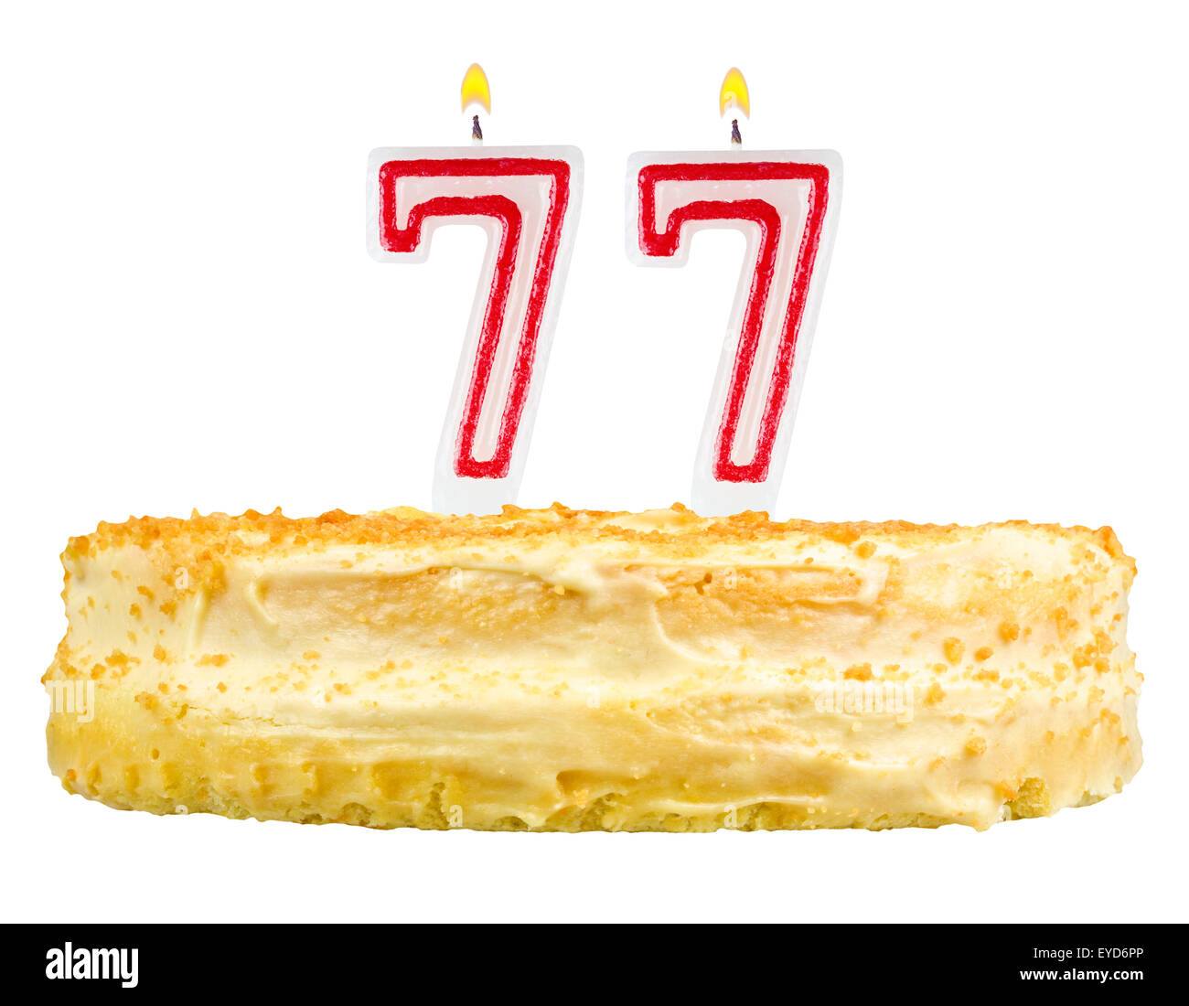 birthday cake with candles number seventy seven isolated on white background Stock Photo