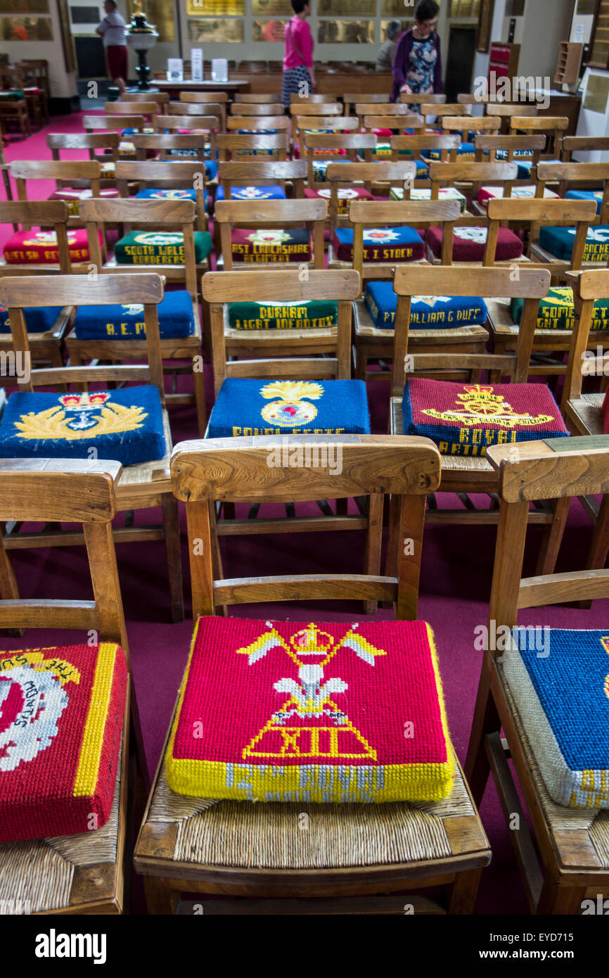 Embroidered kneelers on chairs in the Saint Memorial Church in