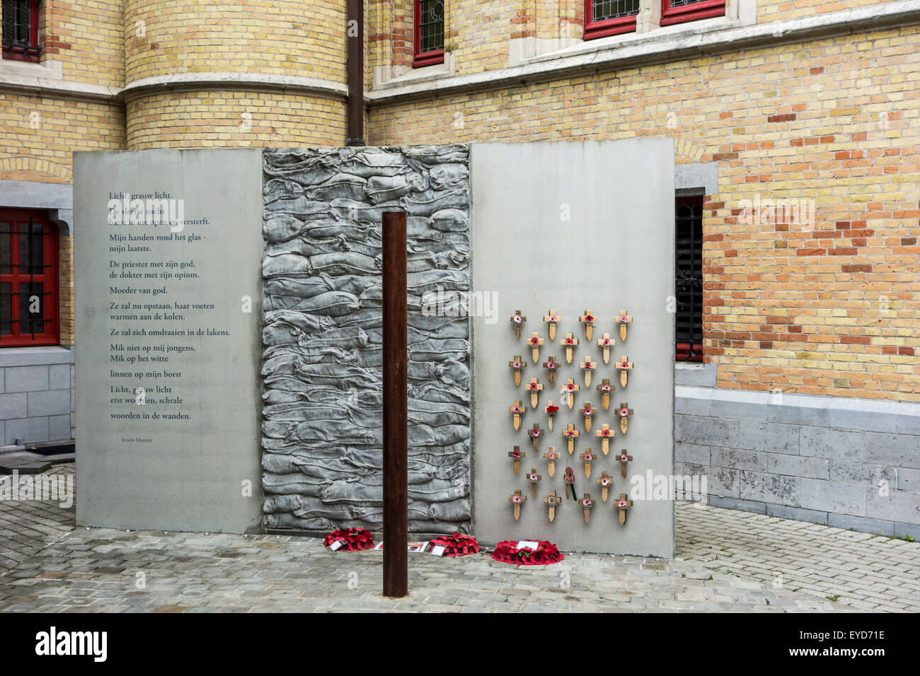 World War One execution pole and poem by Erwin Mortier at inner courtyard of the Poperinge town hall, West Flanders, Belgium Stock Photo