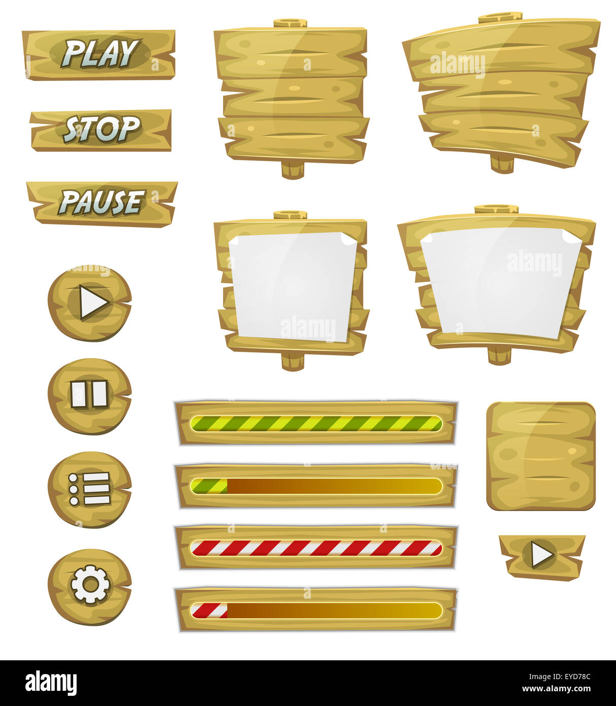 Illustration Of A Set Of Various Cartoon Design Ui Game Wooden Elements Including Banners Signs Buttons Load Bar And App Icon Stock Photo Alamy
