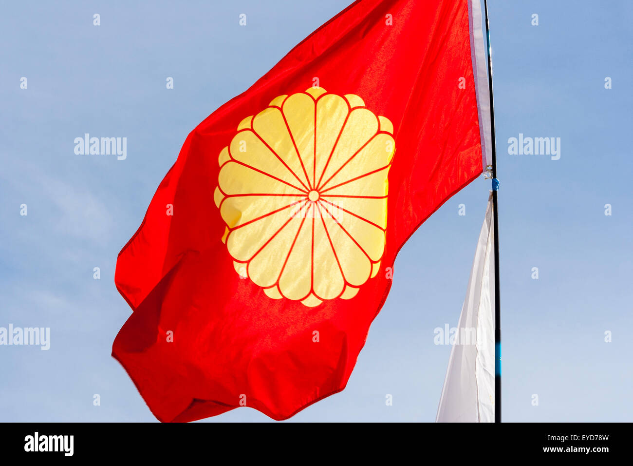 Japanese Imperial Flag of the Emperor, the Golden chrysanthemum, fluttering in the wind against a blue sky. Gold chrysanthemum symbol on red. Stock Photo