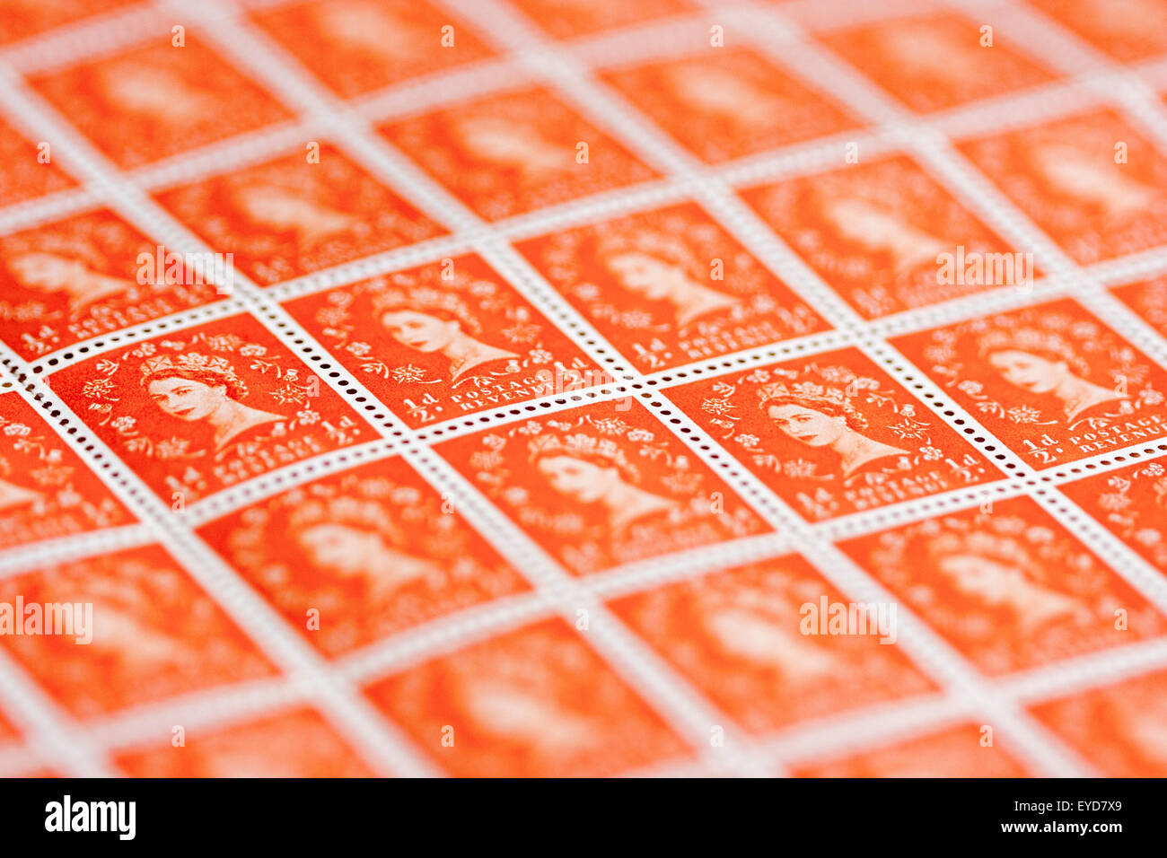 Sheet of British postage stamps. Circa 1950s, Queen Elizabeth ½d orange