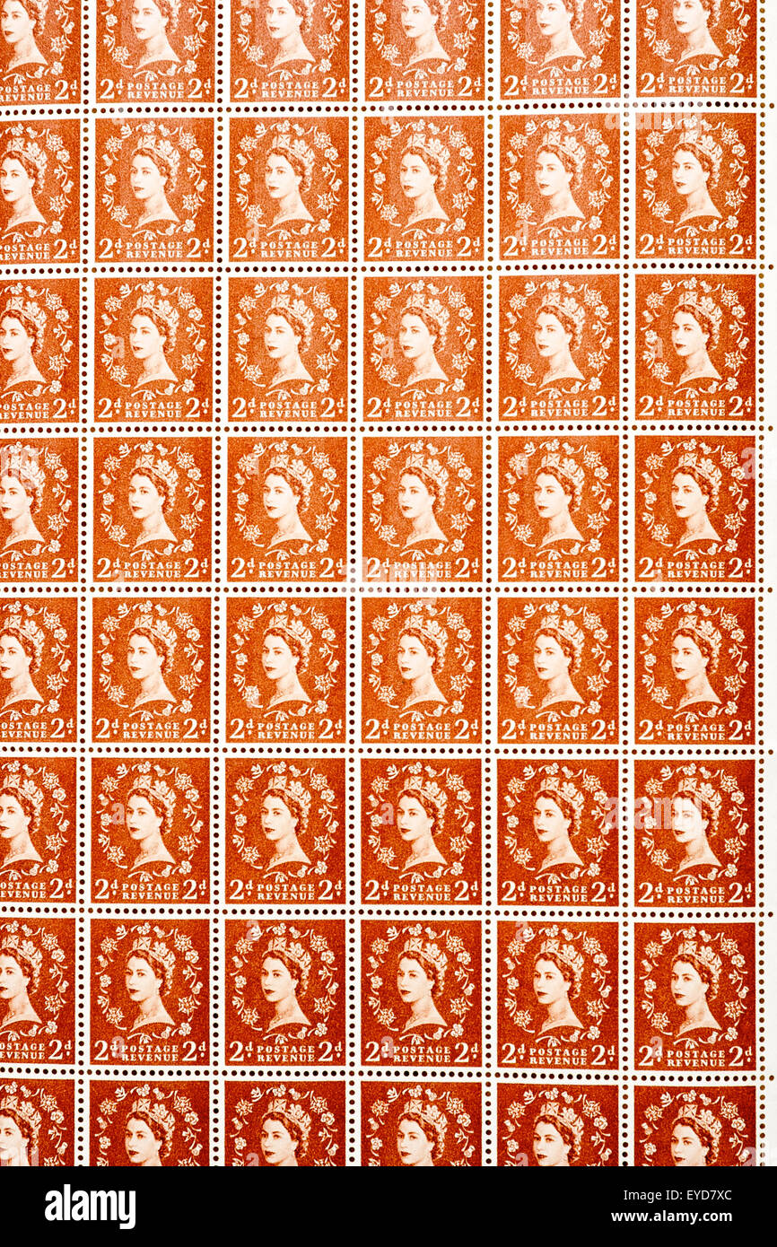 Sheet of British postage stamps. Circa 1950s, Queen Elizabeth 2d brown