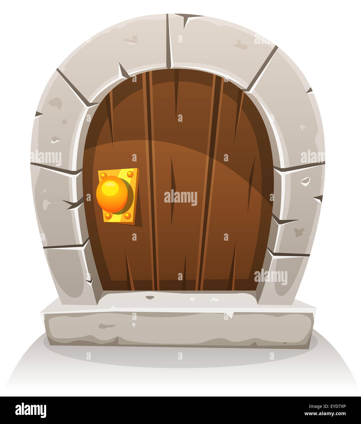 Illustration of a cartoon comic hobbit like funny little curved wood door with stone doorframe Stock Photo