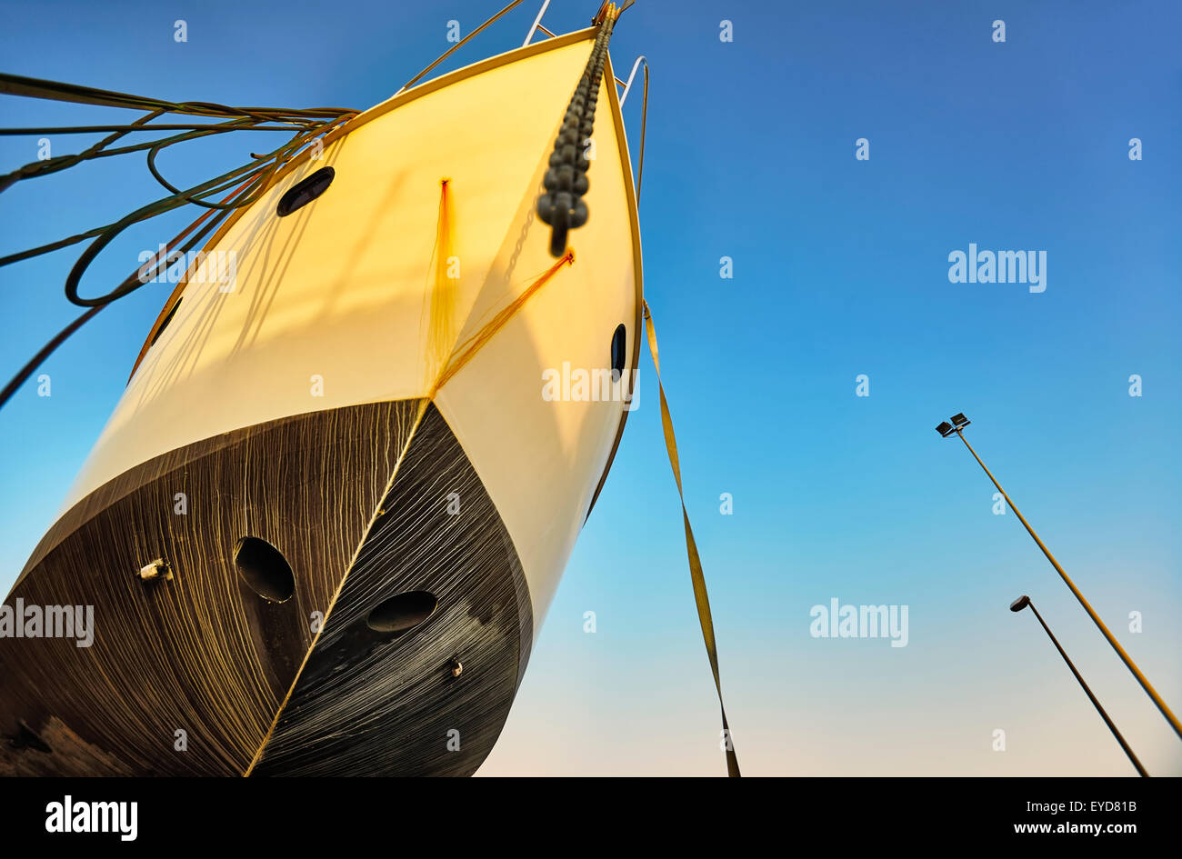 Frontal view of a ship being repaired at the harbour. Denia. Alicante. Valencia Community. Spain Stock Photo