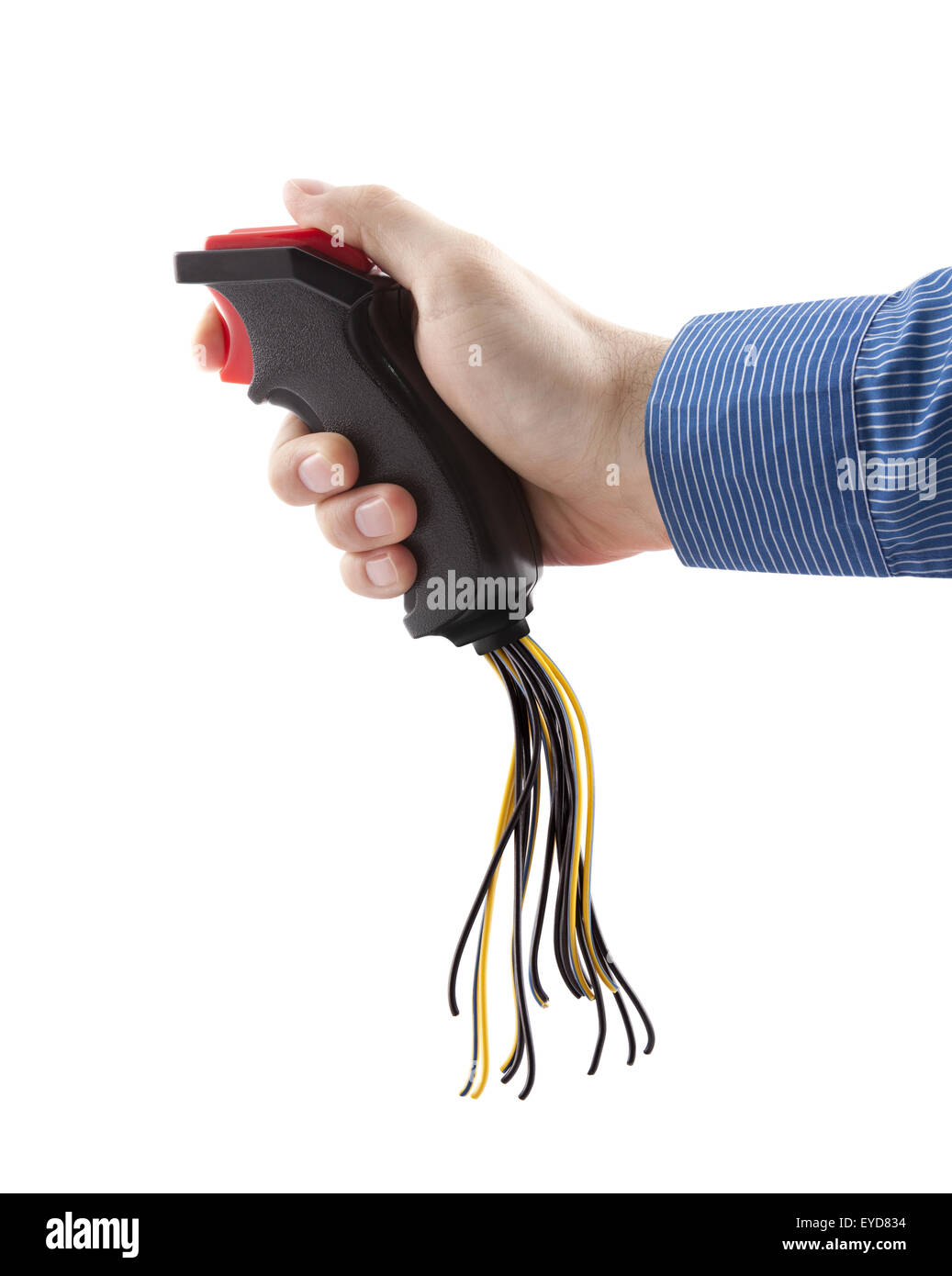 Computer joystick with cables in hand isolated on white Stock Photo