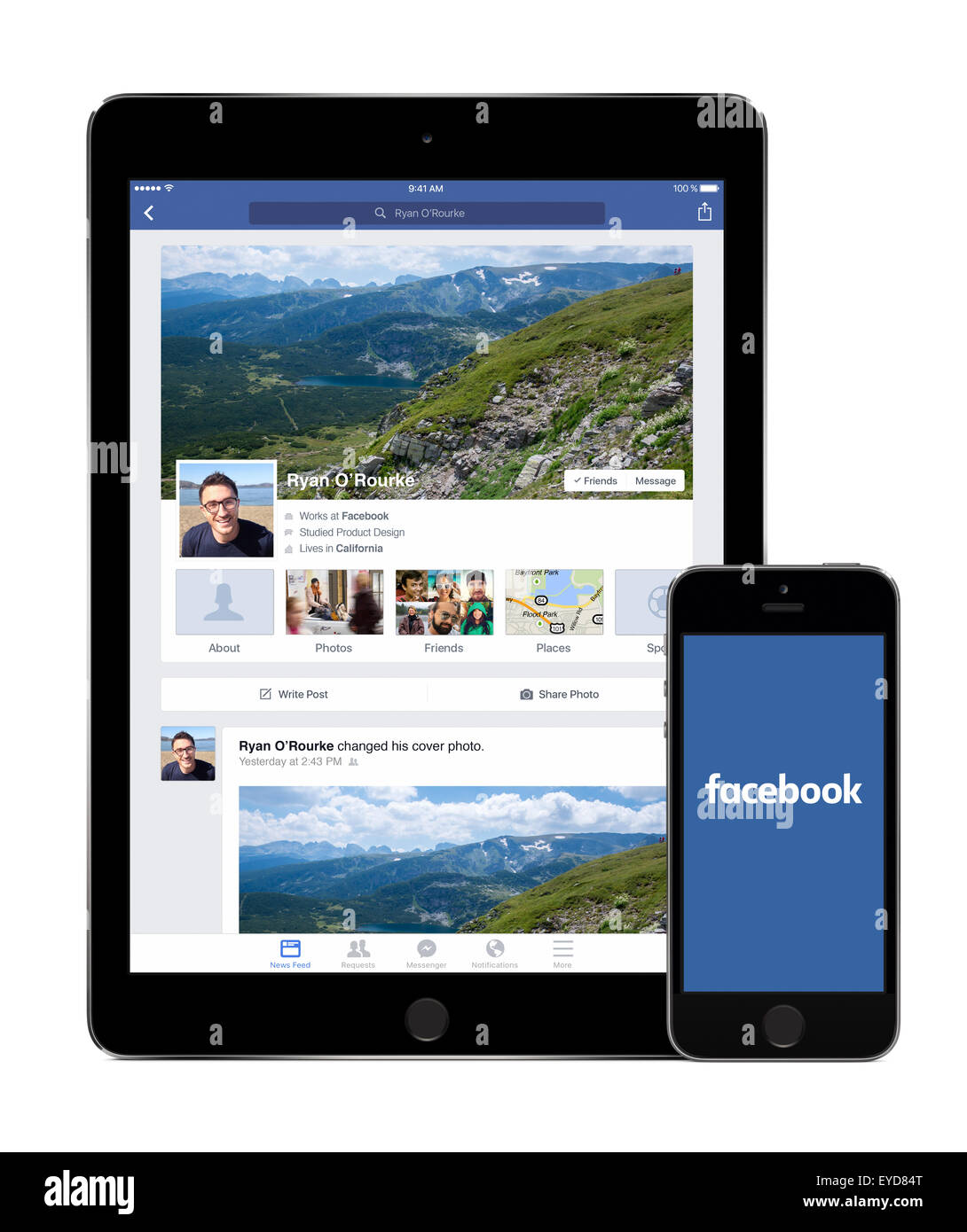Varna, Bulgaria - February 02, 2015: Facebook social network app on Apple iPad 2 screen and Facebook new logo on iPhone display. Stock Photo