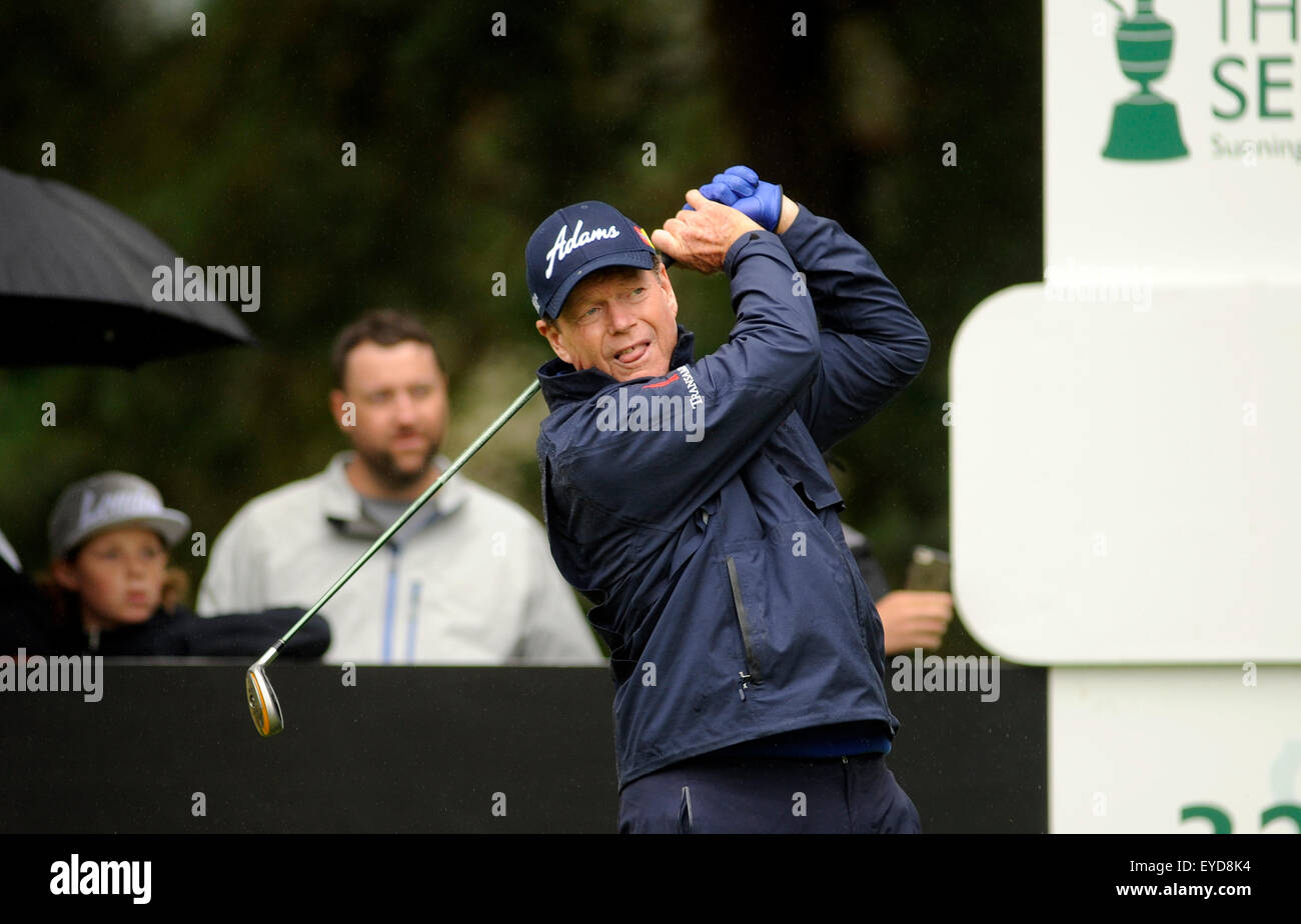 Sunningdale, UK. 26th July, 2015. Tom Watson of the USA plays his tee shot on the 11th hole of The Senior Open Championship at Sunningdale Golf Club on July 26, 2015 in Sunningdale, England. Credit:  David Partridge/Alamy Live News Stock Photo