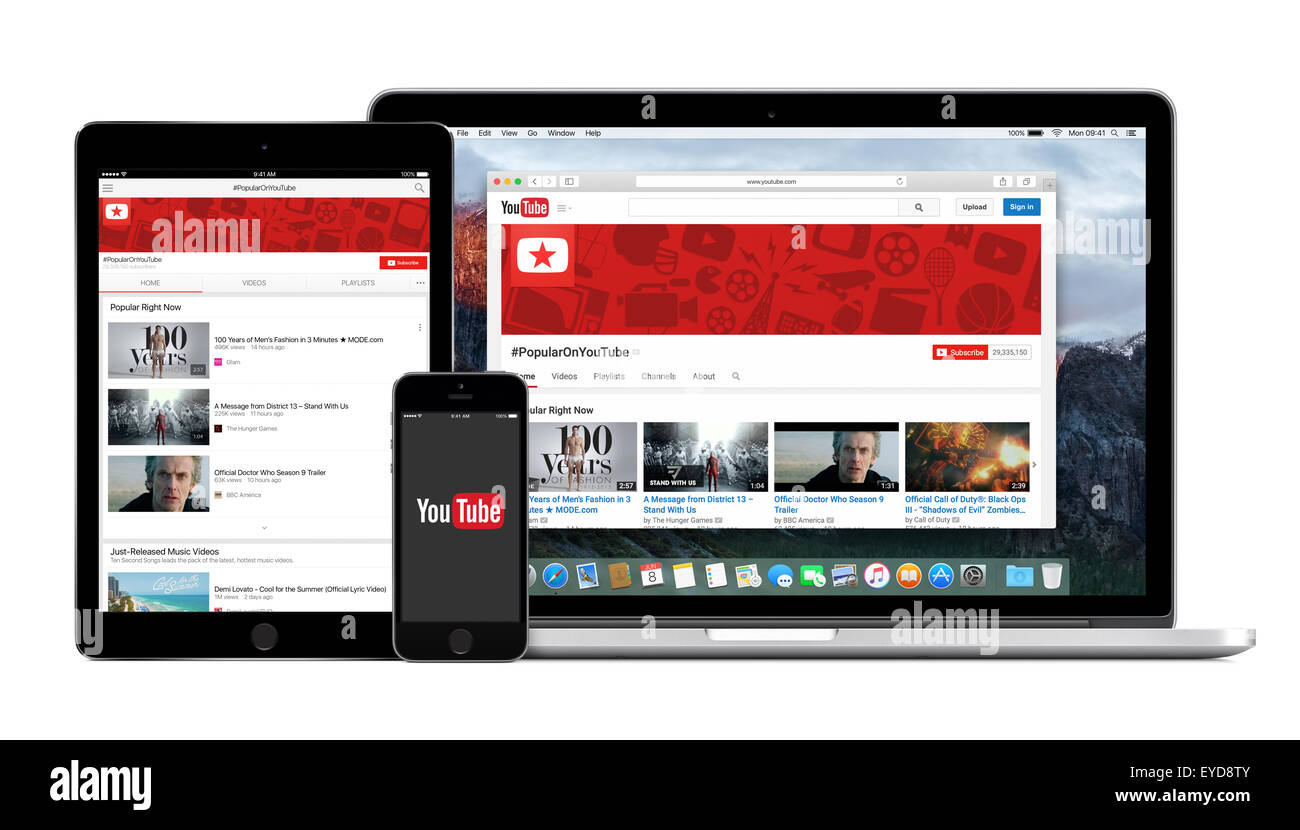 Varna, Bulgaria - February 02, 2015: YouTube multi devices comprising Apple iPhone and iPad app and YouTube on Macbook screen Stock Photo
