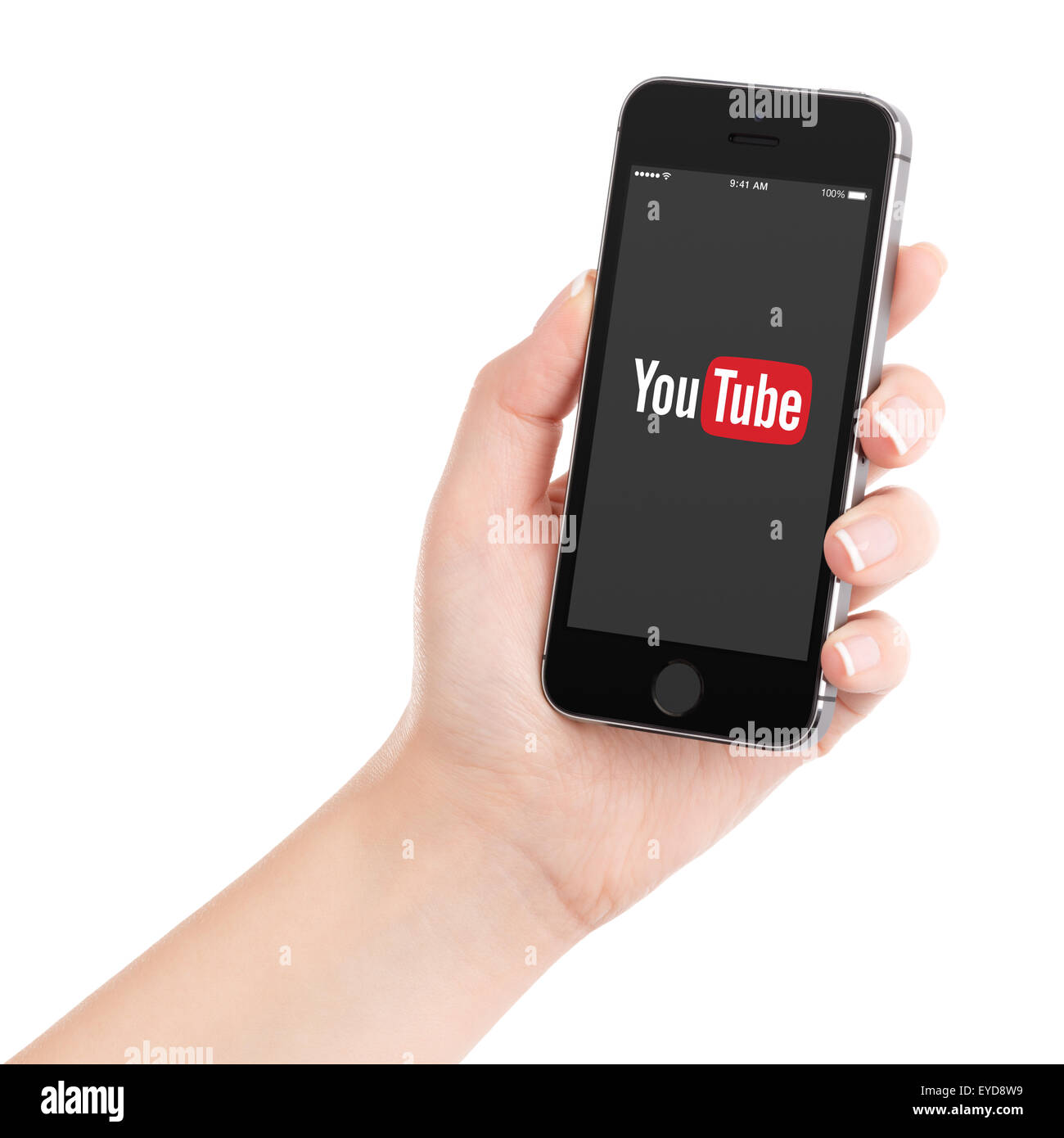 Varna, Bulgaria - February 02, 2015: Female hand holding Apple iPhone 5S with YouTube app on the display. Stock Photo
