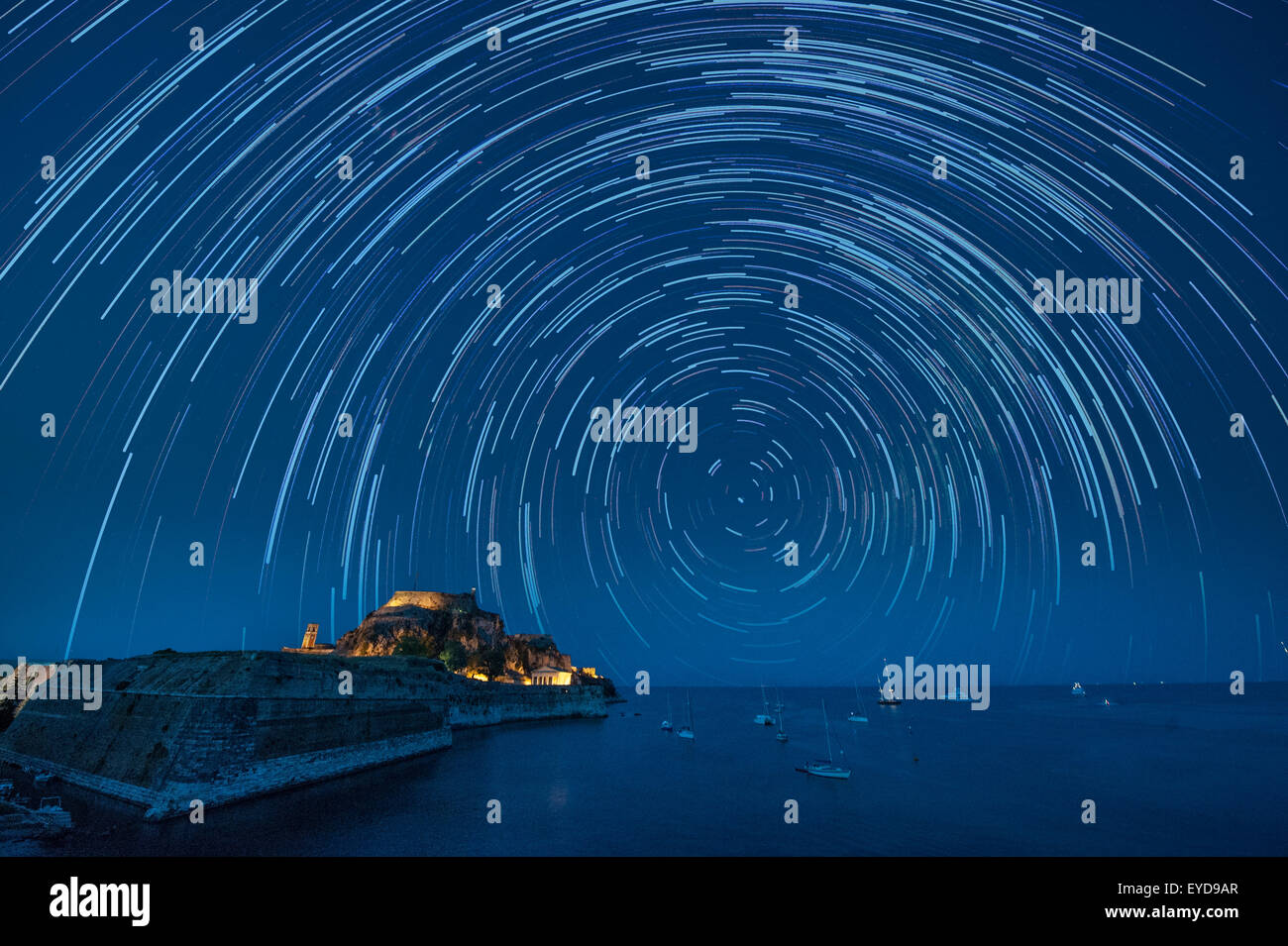 A startrail over the fortress in Corfu town, Corfu, Greece Stock Photo