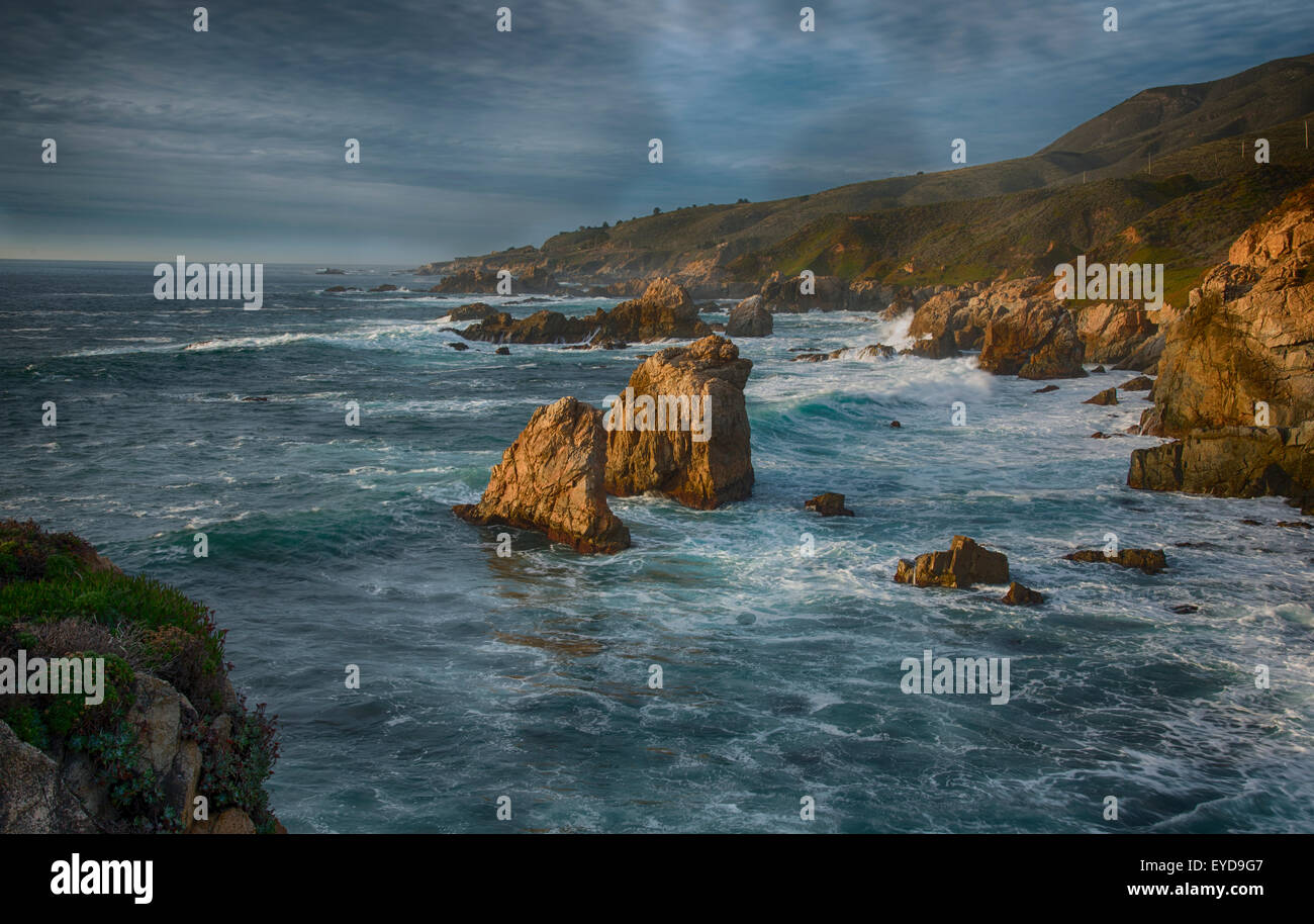 Sea Stacks at Sunset on the Seascape at Big Sur Stock Photo