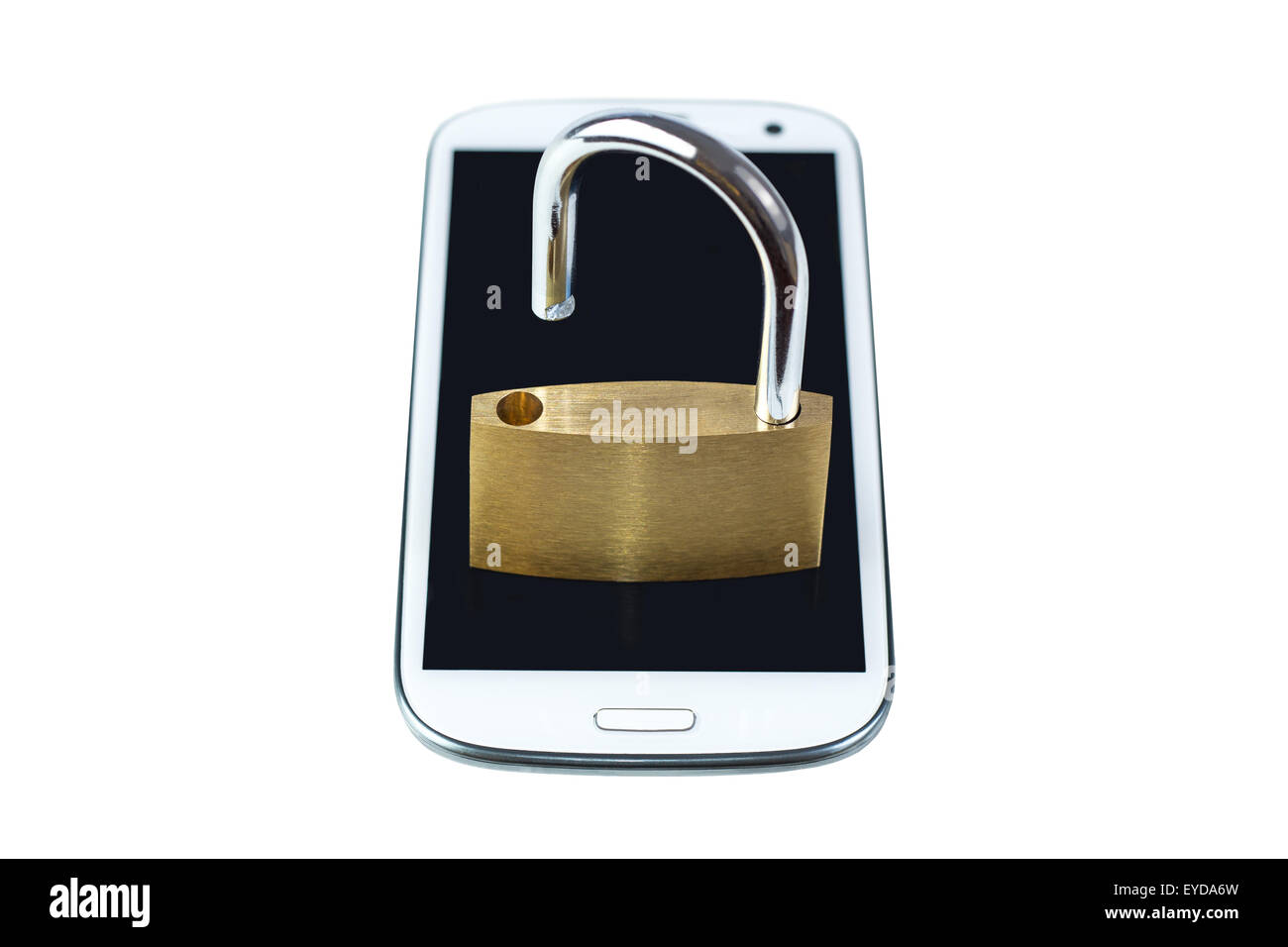 Unlocked padlock on a mobile phone. Isolated on white background ...
