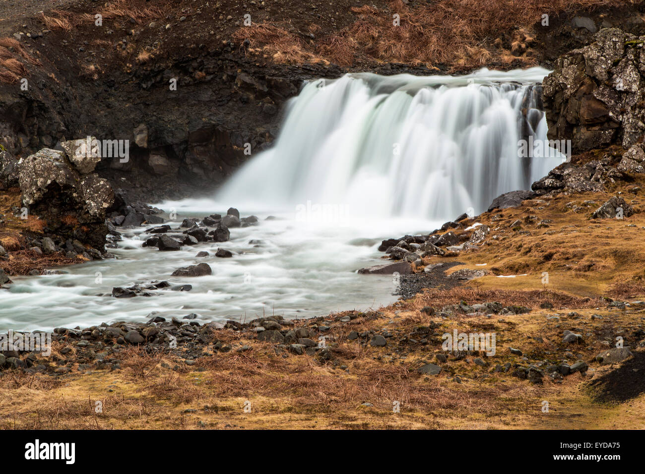 Beautiful waterfall in Iceland with a long time exposure Stock Photo