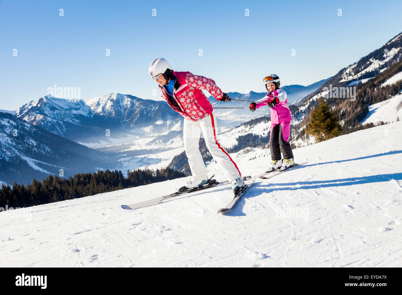 Ski holiday, Mother and daughter skiing, Sudelfeld, Bavaria ...
