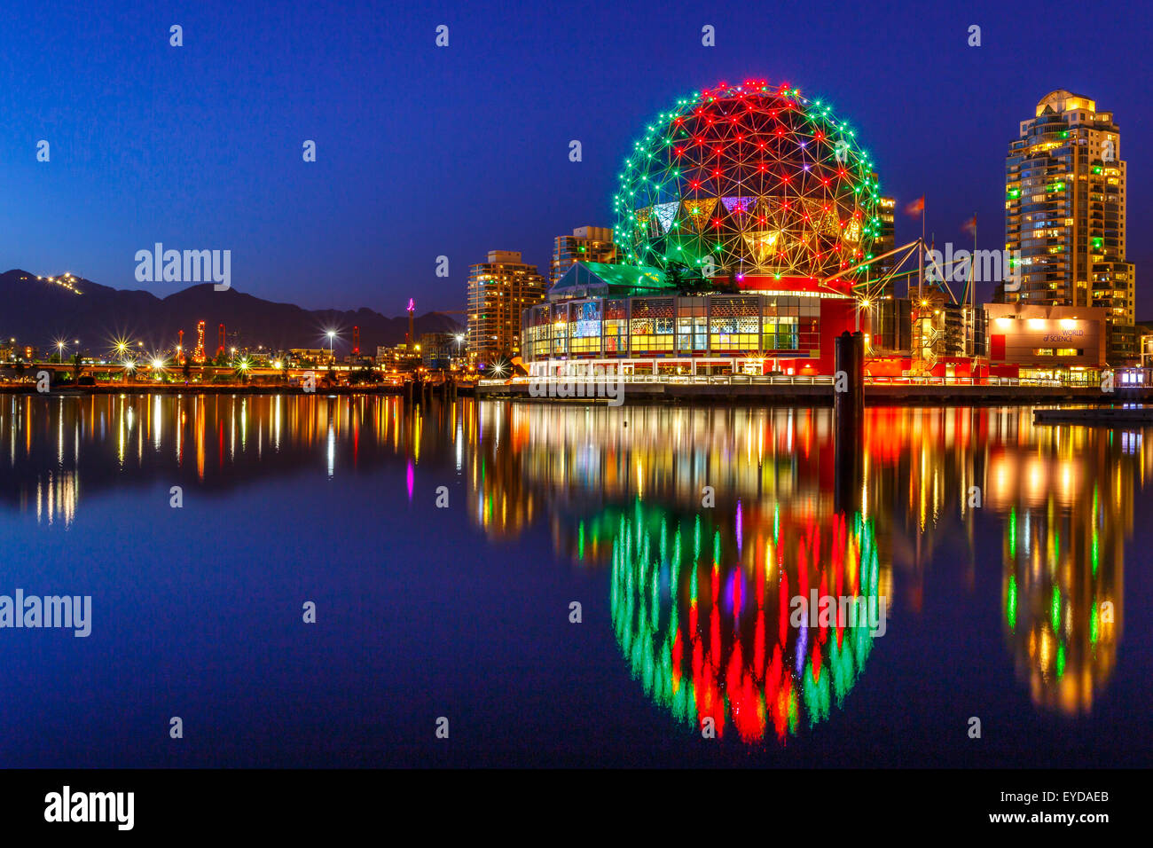 Science World illuminated at night in Vancouver, Canada Stock Photo