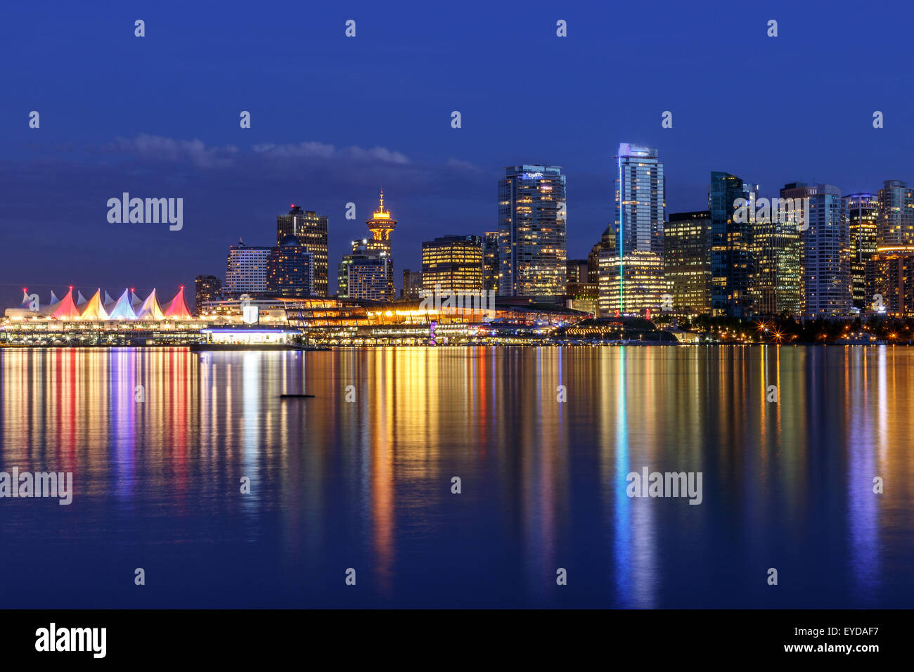 Vancouver skyline at Dusk as seen from Stanley Park, British Columbia, Canada Stock Photo