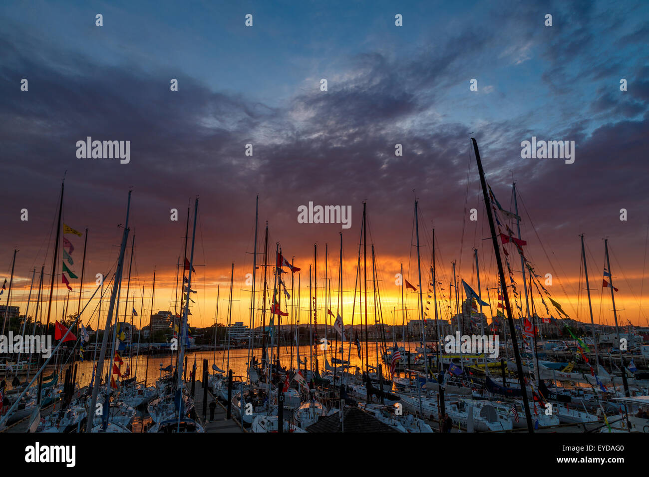 Boats in marina with beautiful sunset in Victoria, Vancouver Island, British Columbia, Canada Stock Photo