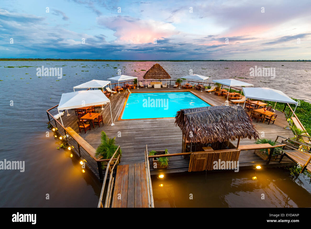 Swimming pool floating in the Amazon River in Iquitos, Peru Stock Photo