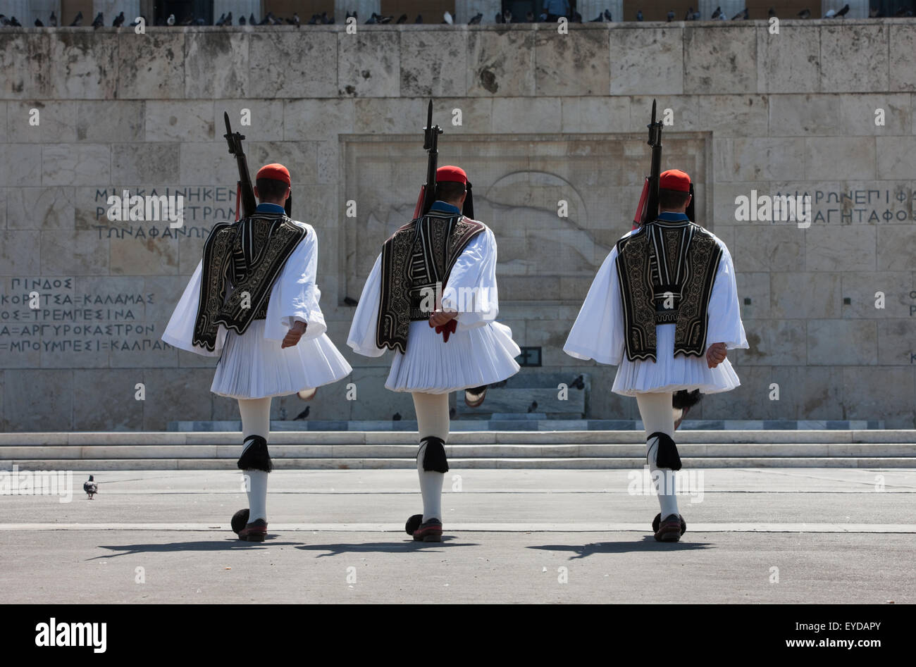 Tsoliades marching to change the sentry stand at the Unknown soldier memorial, Parliament building, Syntagma, Greece. Stock Photo