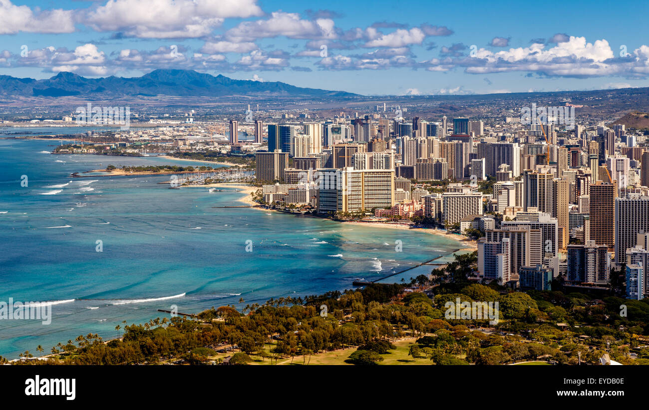 View of Waikiki Beach and Honolulu Skyline from Diamond Head Stock Photo