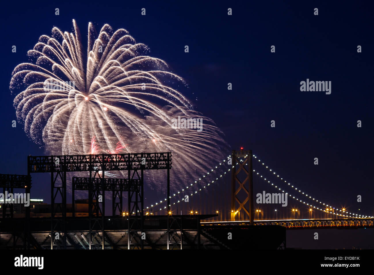 Fireworks at San Francisco-Oakland Bay Bridge Fireworks at night in San Francisco, California, USA Stock Photo