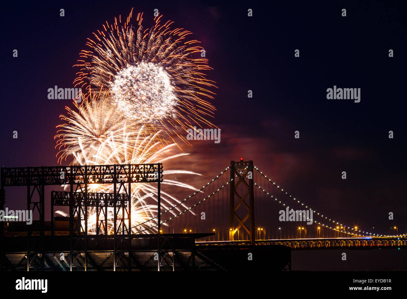 Fireworks at San Francisco-Oakland Bay Bridge Fireworks at night in San Francisco, California, USA Stock Photo