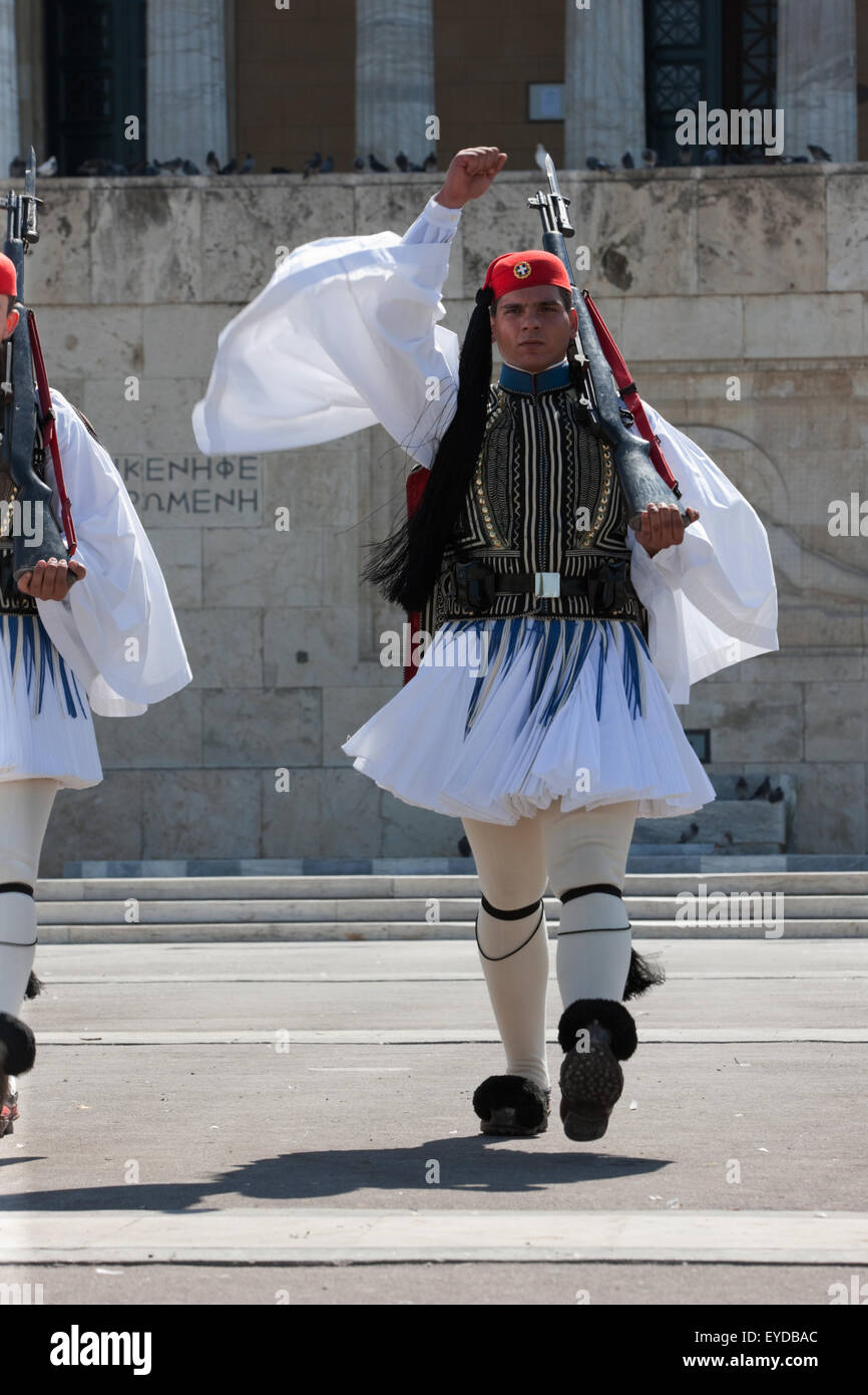 Portrait of an Evzone or Euzone, goose stepping in front of the Unknown soldier memorial, Parliament building, Syntagma, Greece. Stock Photo