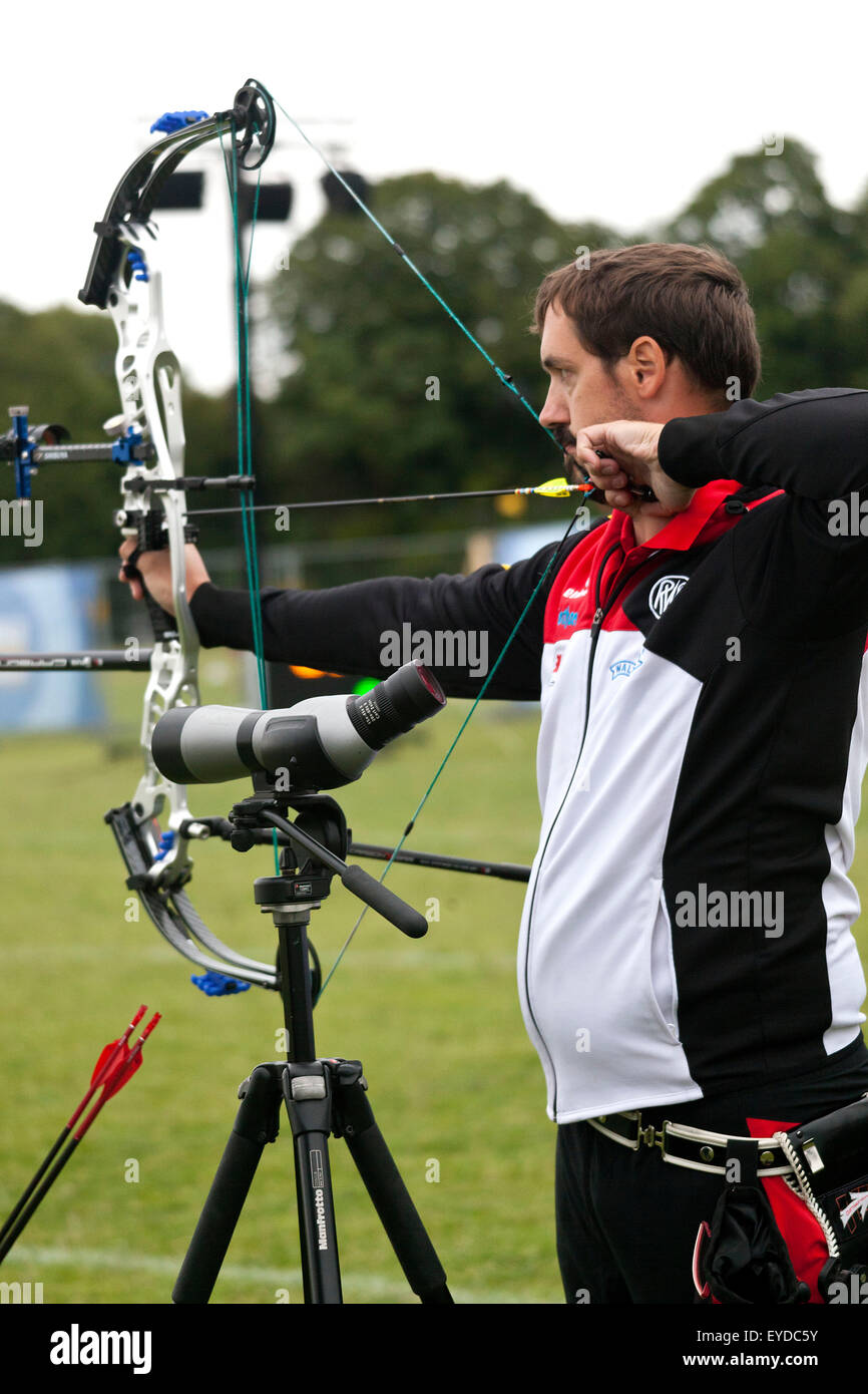 Copenhagen, Denmark, July 27th, 2015. German archer Marcus Laube takes aim for his shoot in the qualifying round in compound bow at the World Archery Championships in Copenhagen Credit:  OJPHOTOS/Alamy Live News Stock Photo