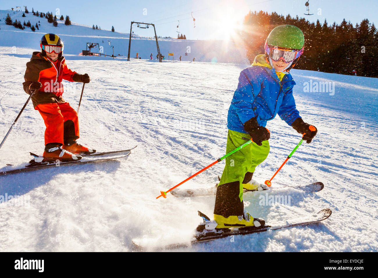Ski holiday, Children learning to ski, Sudelfeld, Bavaria, Germany Stock Photo