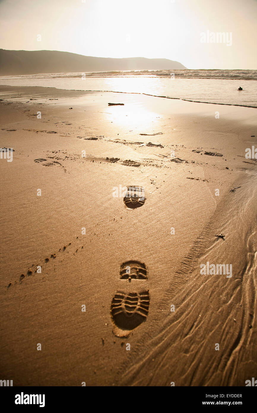 Boot Prints In The Sand At Putsborough Sands, North Devon, Uk Stock Photo