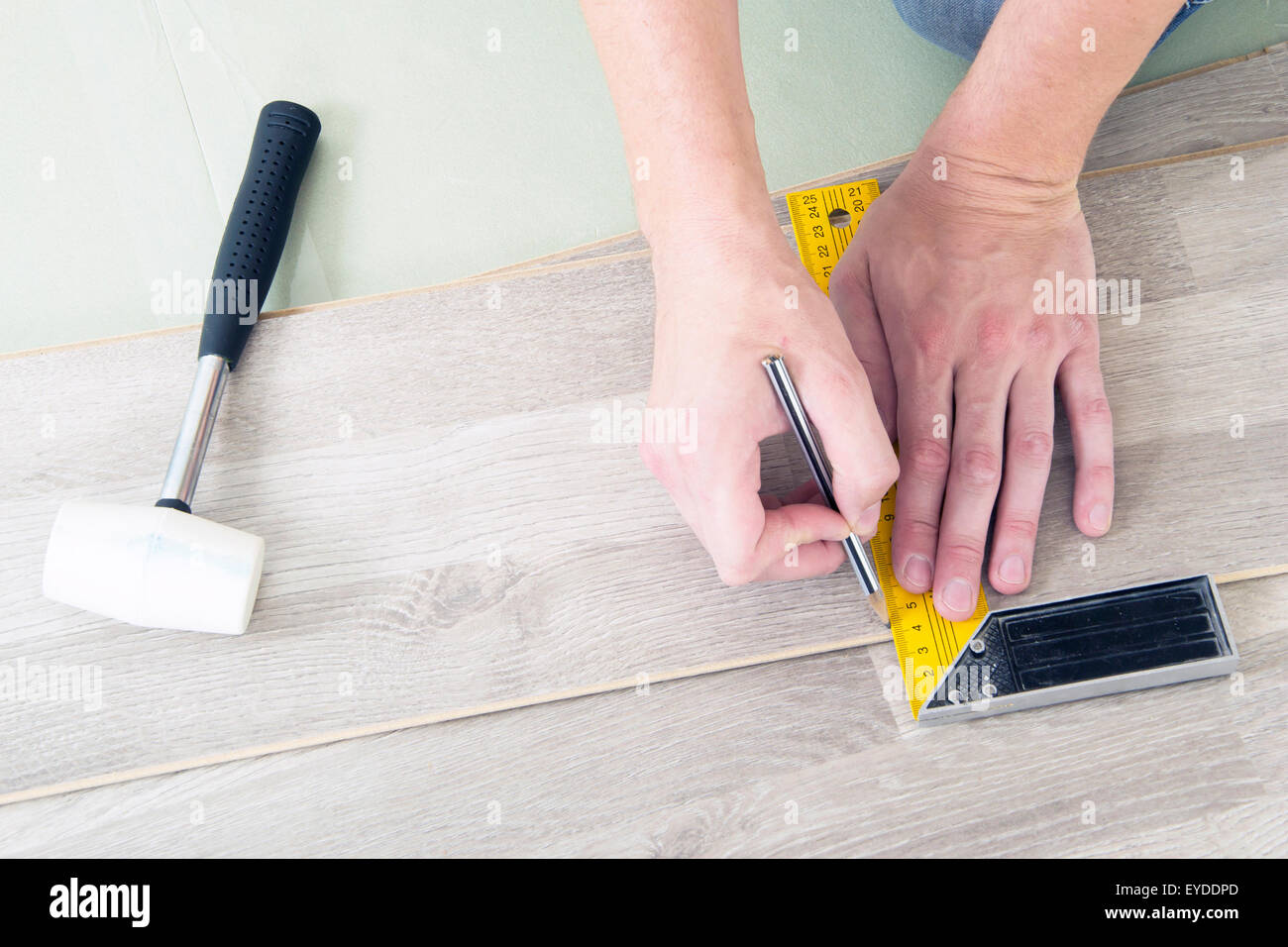 Man With Tools To Laying Laminate Stock Photo 85733381 Alamy
