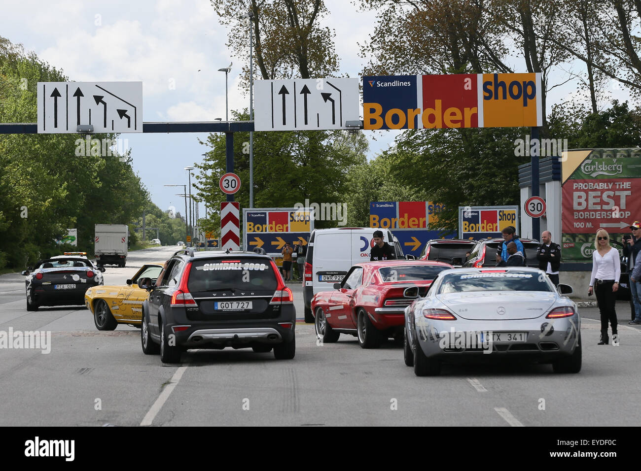 Gumball rally drivers leave Copenhagen and are detained for an hour on arrival at german border