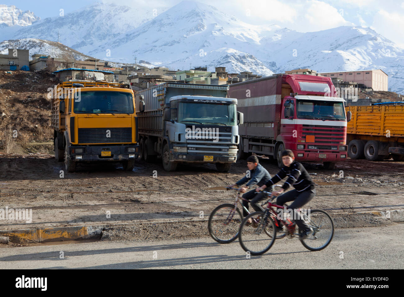 Trucks On Road Near The Iran Border In Iraqi Kurdistan, Iraq Stock Photo