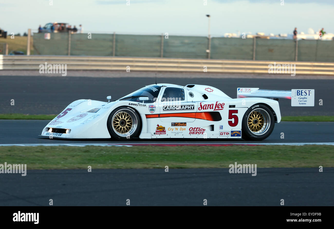 Steve Tandy driving a white, 1990, Spice SE90 Gtp in the Group C race at the Silverstone Classic 2015 Stock Photo