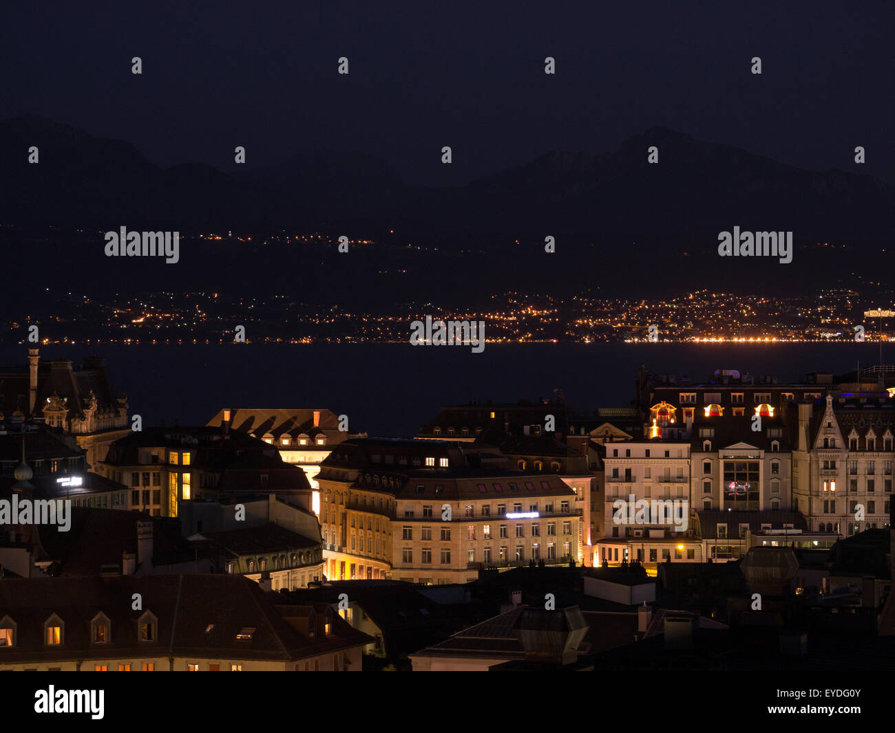 Lausanne city centre in the evening, looking out over Place de la Riponne Stock Photo