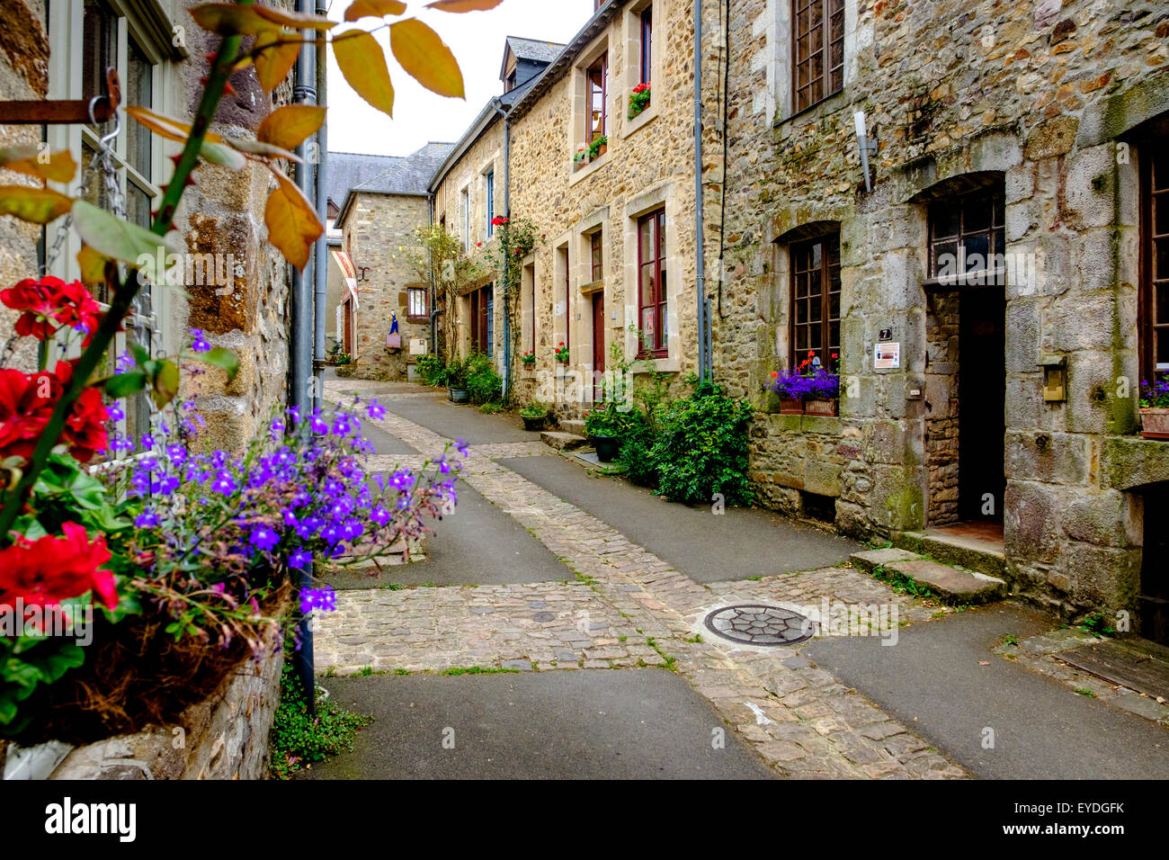 Street scene in the picturesque village of SainteSuzanne, Pays de la