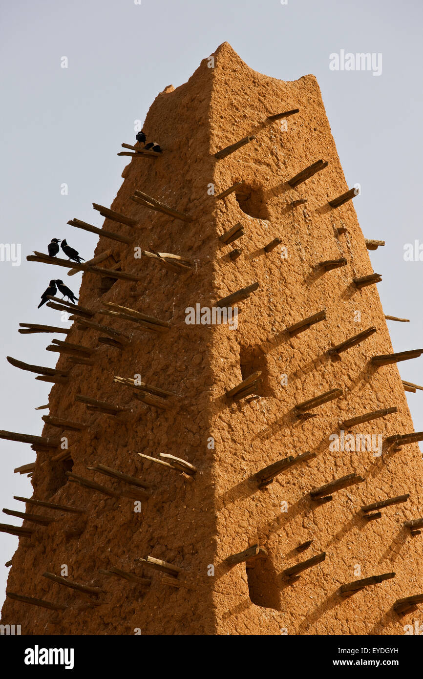 Niger, Sahara Desert, Agadez Region, Close up view of Agadez Grand Mosque minaret; Agadez Stock Photo