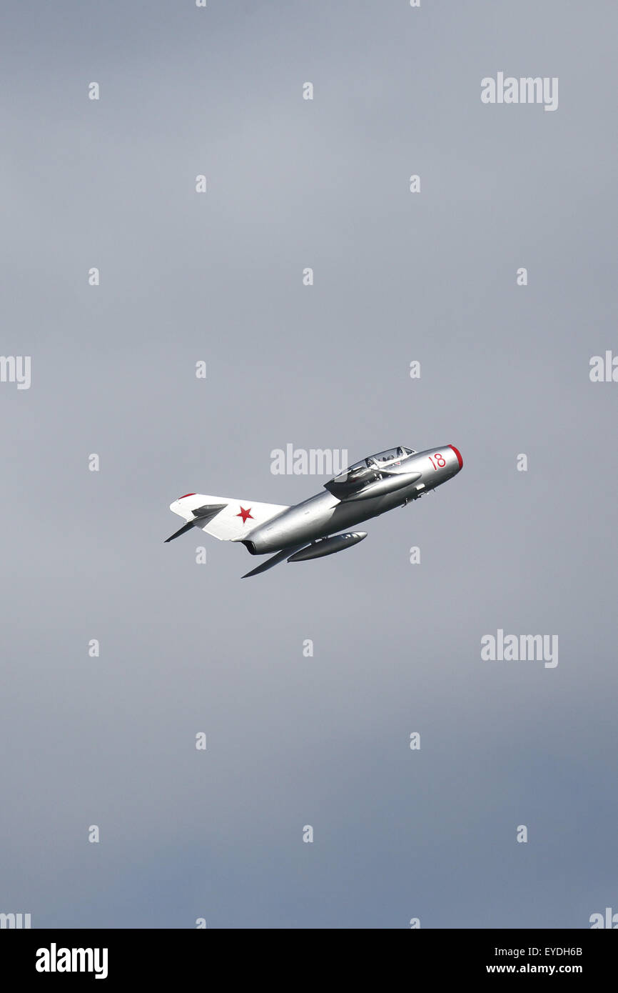 A MIG 15 Soviet fighter jet flies at Sunderland International Airshow. The aircraft was used during the Cold War. Stock Photo