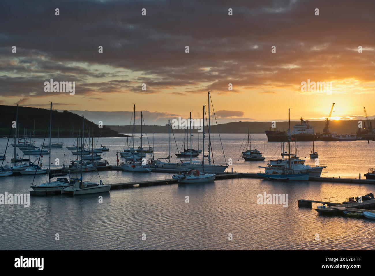 United Kingdom, England, Cornwall, Sunrise in harbor; Falmouth Stock Photo