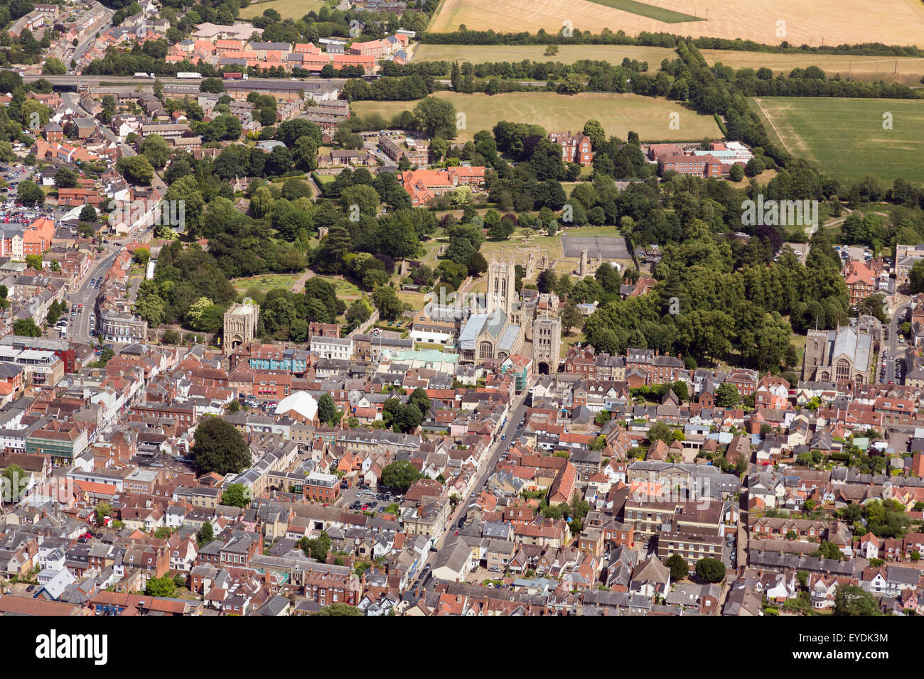 Bury St Edmunds town centre, St Edmundsbury Cathedral and Abbey gardens, aerial photo, UK Stock Photo