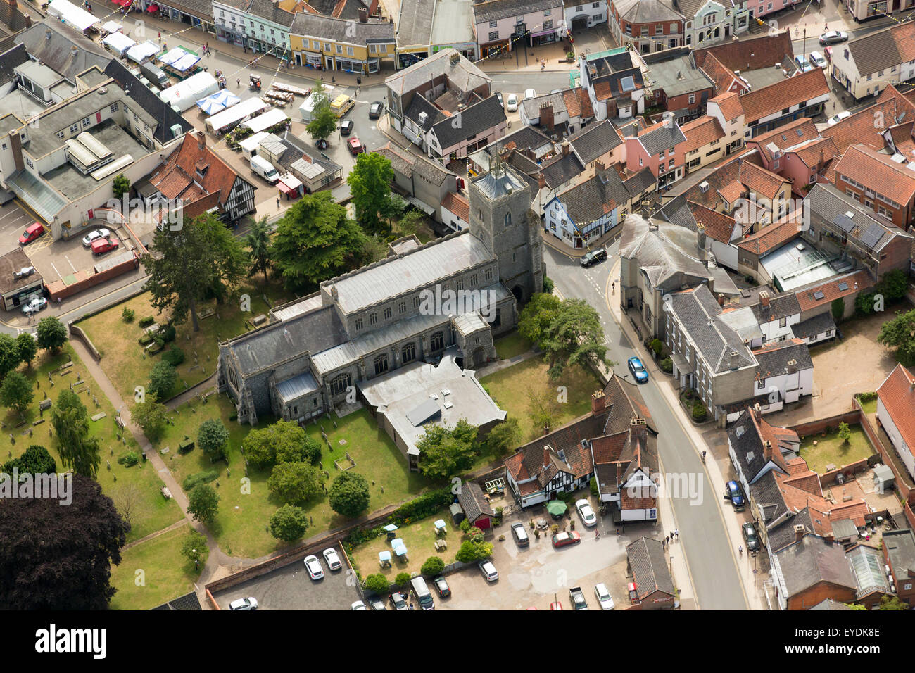 aerial photo of Diss, Norfolk, UK showing St Mary church in the town centre Stock Photo