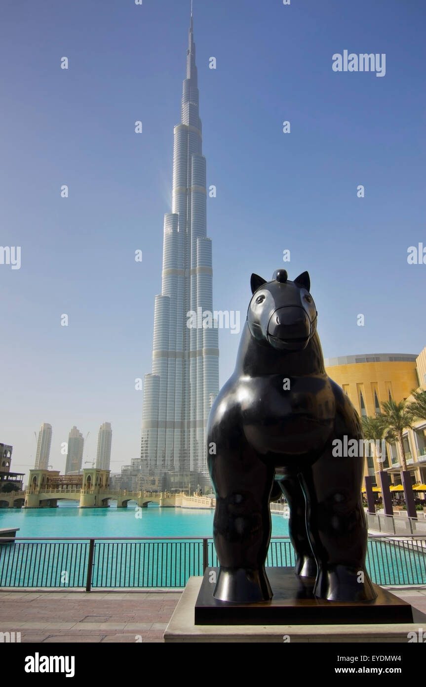United Arab Emirates, View of horse statue with Burj Khalifa hotel in