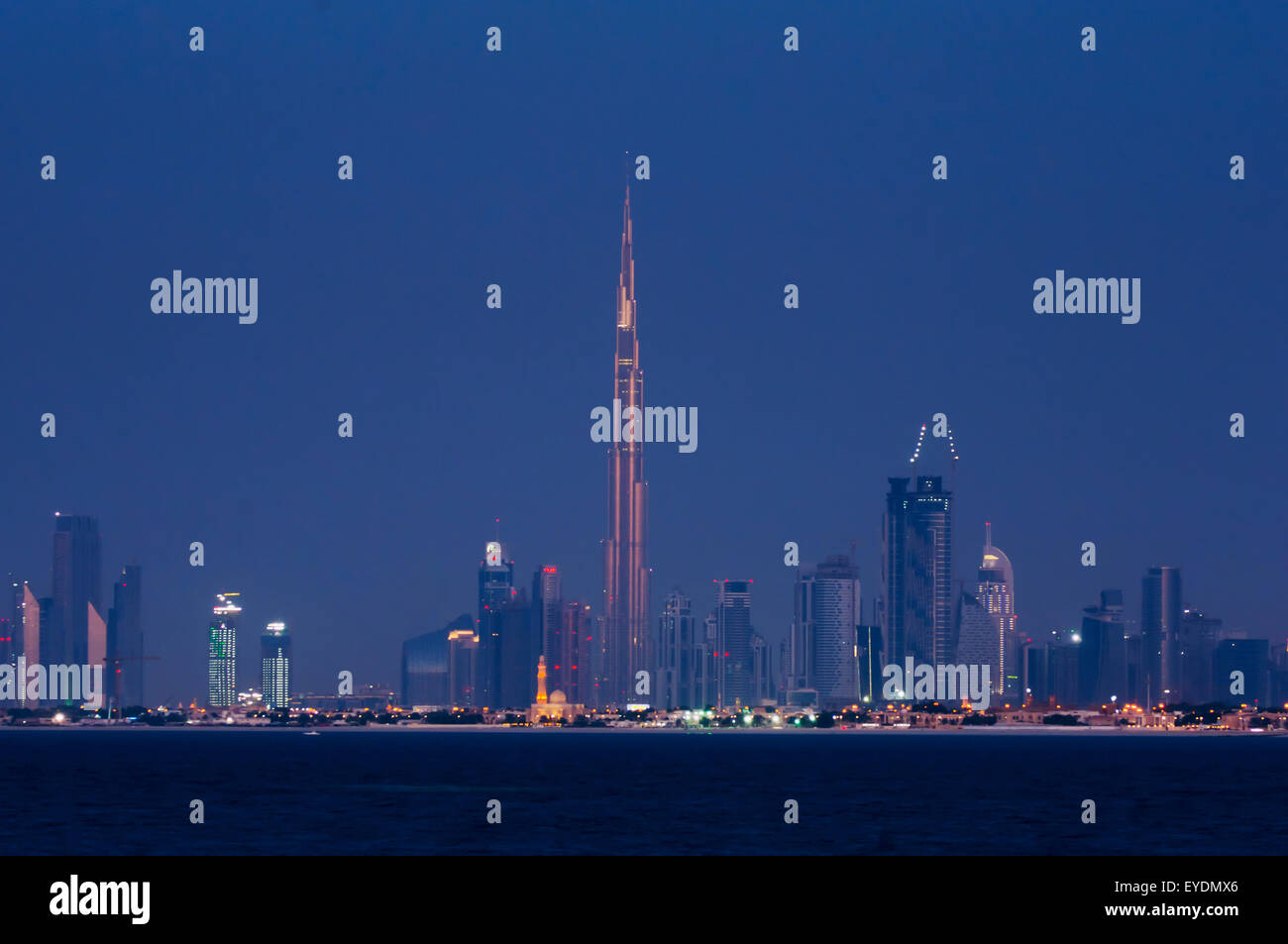 United Arab Emirates, View of city skyline at dusk; Dubai Stock Photo ...