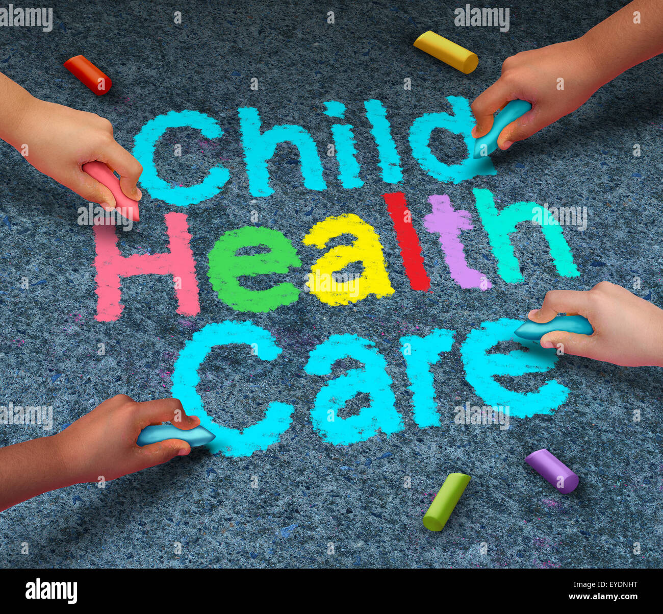 Child health care concept or children healthcare symbol as a group of kids holding chalk drawing text on an outdoor floor as a s Stock Photo