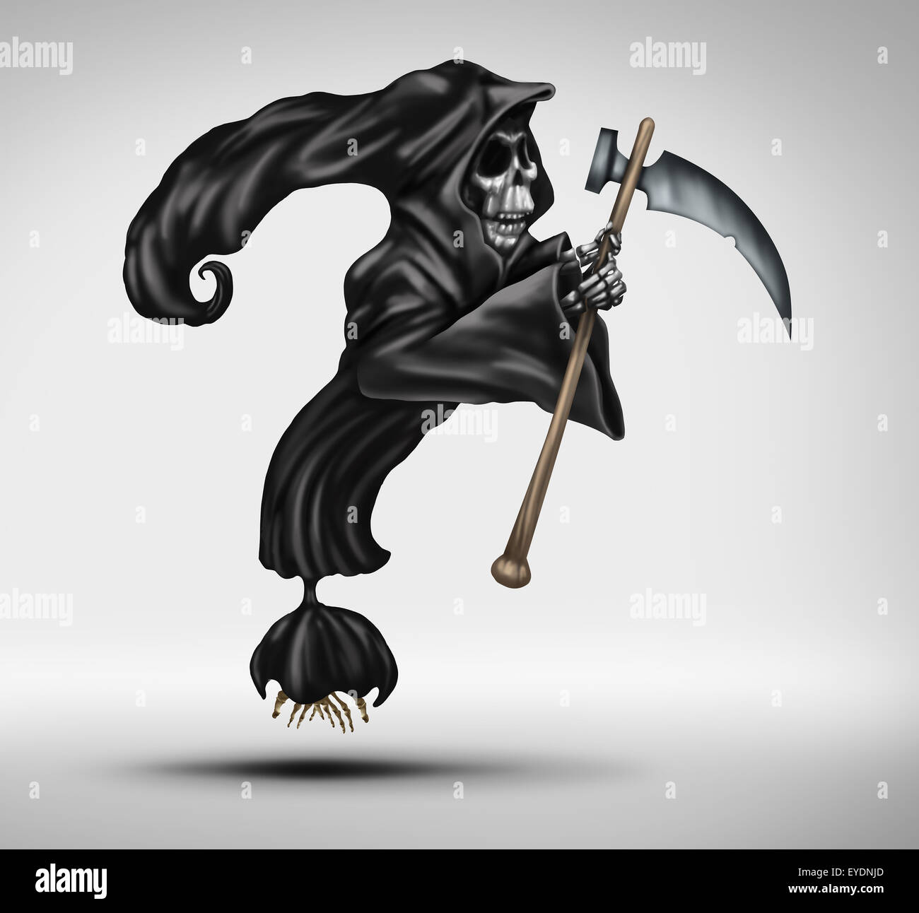 Mortality question as a grim reaper or ghost of death character shaped as a question mark as a concept for declining health uncertainty and aging fear of dying. Stock Photo