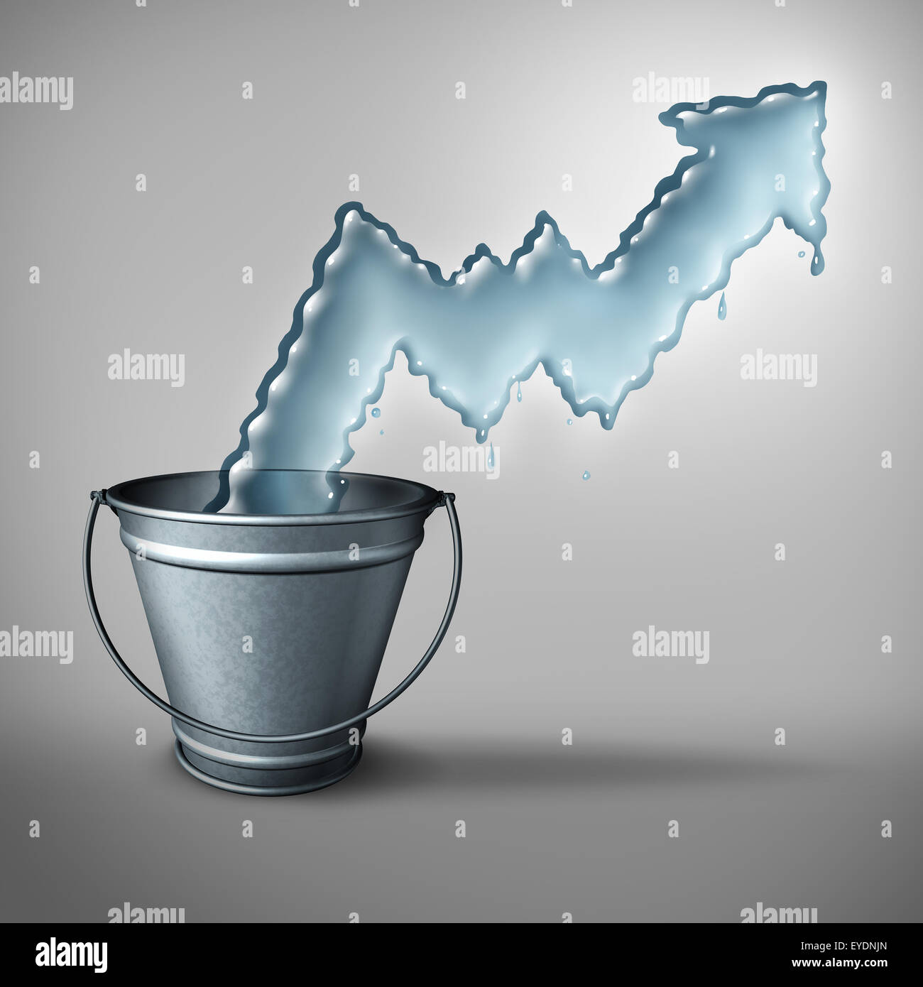 Water demand concept and clean drinking freshwater scarcity crisis as liquid shaped as a rising chart arrow emerging from a metal bucket as a symbol of limited resources and increase in usage restrictions. Stock Photo