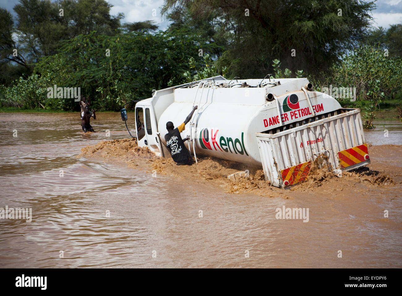 View of truck crossing river; Kenya Stock Photo